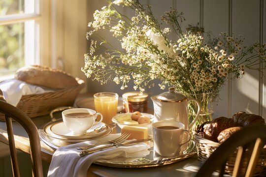 French press coffee and mixed berries on a woven placemat; subdued wide view, neutral palette