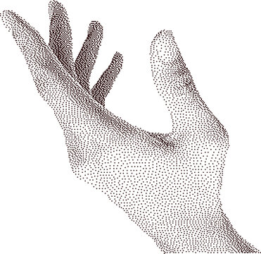 Retro halftone collage element of a cupped hand reaching upward. Dotted pop art graphic for vintage grunge punk design templates.