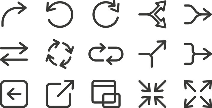 Set of linear arrow icons representing direction undo redo reload merge split full screen and minimize interface vector illustration