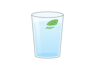 Fototapeta premium Illustration vectorielle simple d'un verre d'eau rafraîchissant avec une feuille verte flottant à la surface, design minimaliste sur fond blanc, idéal pour des concepts de santé et d'hydratation.