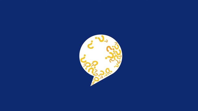 Question mark icons accumulating inside a white speech bubble graphic on blue background for this motion design video clip project