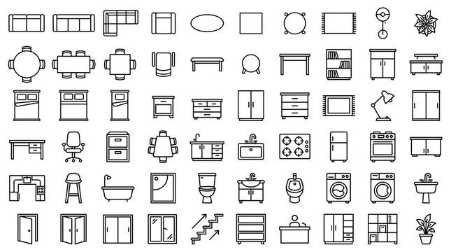 Top View Furniture Floor Plan Icon Set for Apartment, House, Office, Bedroom, Living Room, Kitchen and Architectural Interior Design Layouts