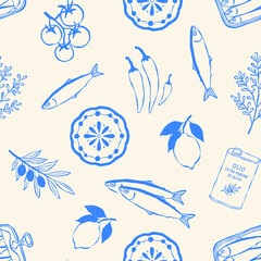 Obraz premium Blue Mediterranean Sardine and Lemon Seamless Pattern with Coastal Ingredients