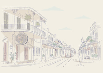 New Orleans French Quarter street view with jazz club and streetcar hand drawn illustration © Miwako