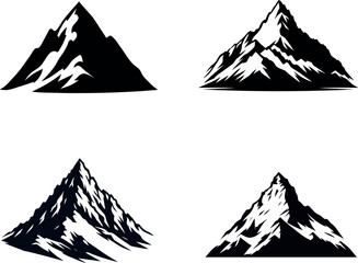 Fototapeta premium Set of four black and white hand drawn mountain peak illustrations for adventure and travel designs