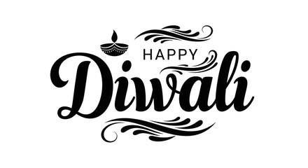 Obraz premium Elegant black ink calligraphy text for happy diwali celebration with a decorative diya lamp illustration on white background