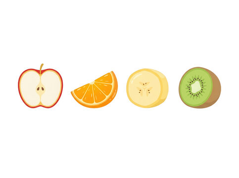 Illustration vectorielle plate repr&eacute;sentant une s&eacute;lection de fruits coup&eacute;s incluant une moiti&eacute; de pomme rouge, un quartier d'orange, une rondelle de banane et un kiwi tranch&eacute; sur fond blanc isol&eacute;.