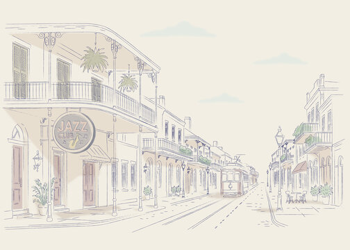 New Orleans French Quarter street view with jazz club and streetcar hand drawn illustration