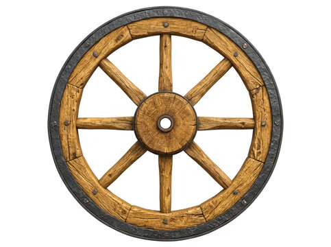 Une roue de chariot en bois rustique avec un cerclage en fer forg&eacute;, isol&eacute;e sur un fond blanc pur, mettant en valeur la texture naturelle du bois et les d&eacute;tails artisanaux d'un objet historique ancien.