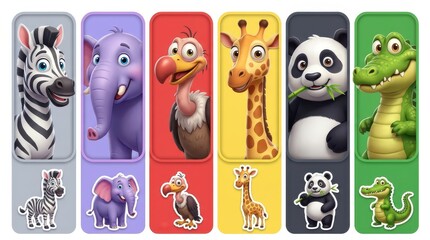 Fototapeta premium Set of Cute 3D Cartoon Animals Collection Featuring Zebra Elephant Vulture Giraffe Panda and Crocodile for Kids