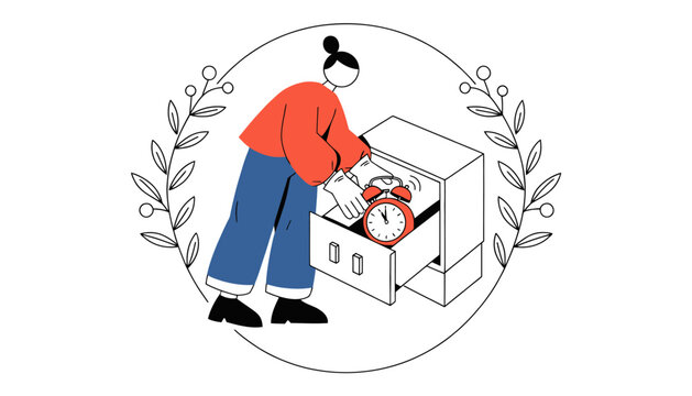 Woman reaching for an alarm clock in a drawer, concept of time management and organization, minimalist illustration