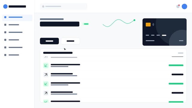 Minimalist financial dashboard interface design featuring credit card details and transactions