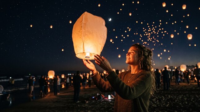 Young woman releasing a sky lantern on a beach at night with many lanterns in the sky