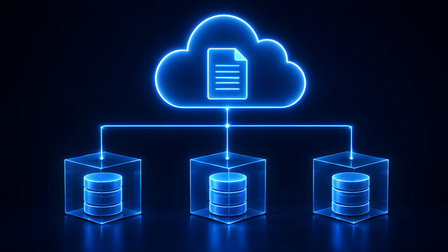 Cloud computing concept showing neon digital document connecting to secure database servers for remote storage