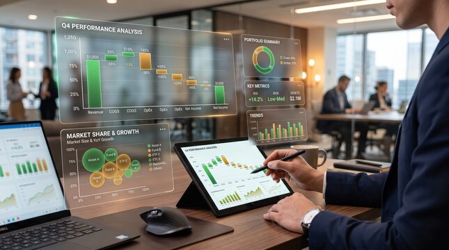 Businessman interacting with futuristic holographic dashboard displaying Q4 performance analysis and market share growth charts, representing advanced data visualization