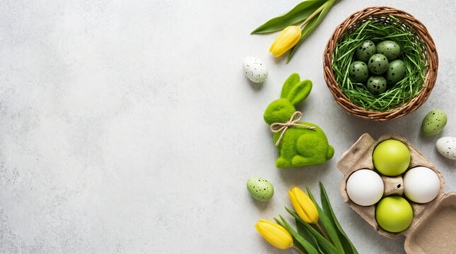 Easter flat lay with green bunny yellow tulips and eggs
