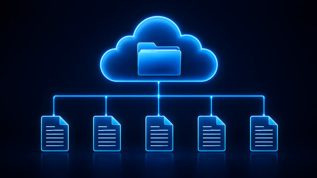 Digital cloud storage network diagram displaying folder connecting to multiple text documents with glowing neon lines