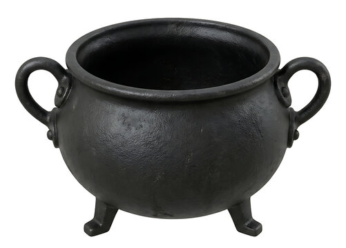 Black cast iron cauldron with handles and three legs isolated on transparent background