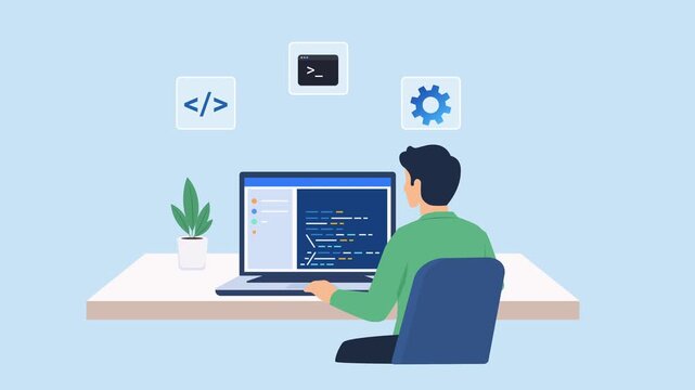Modern flat vector animation showing a person coding on a laptop with a software development interface and floating code, terminal, and settings icons, representing programming, web development, and d