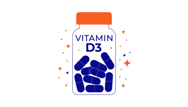 Vitamin D3 supplement bottle with blue pills and orange cap