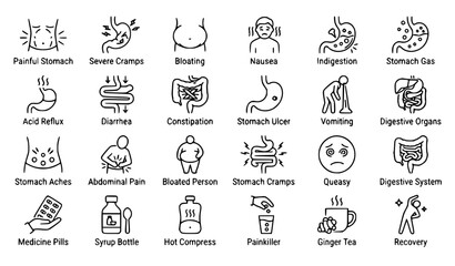 Fototapeta premium 24 Premium Stomachache Digestive Pain and Health Icons