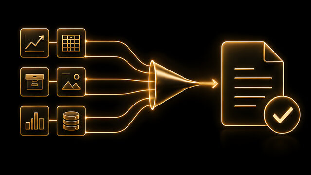 Data consolidation and automated reporting concept with glowing golden funnel processing multiple information sources into a verified final document.