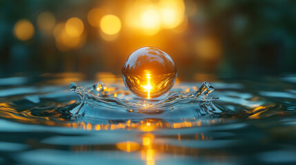 Obraz premium Crystal clear water droplets and golden ripples under backlight