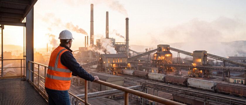 Industrial worker in highvisibility vest and hard hat looking at a large manufacturing plant at sunrise
