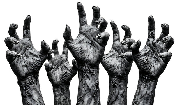 Scary zombie hands reaching out isolated on transparent background