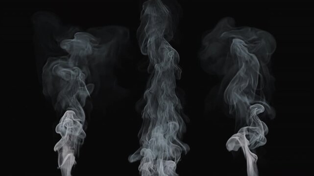 Highly detailed cinematic video with three isolated vertical smoke columns and rising atmospheric wispy fog flowing from the bottom on a black background.