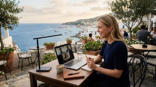 Woman working remotely on laptop video call from beautiful coastal cafe with sea view