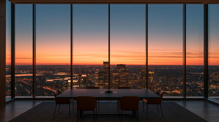 Fototapeta na wymiar Top floor boardroom high above the city at sunset with open sky