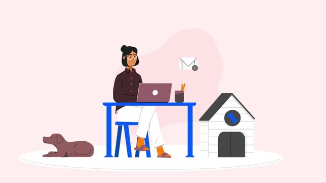 Freelance woman working on laptop at home office with dog resting nearby in this colorful digital motion animation video clip