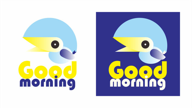 Good Morning typography greeting with cute geometric yellow bird mascot sitting on green leaves vector illustration isolated on white background