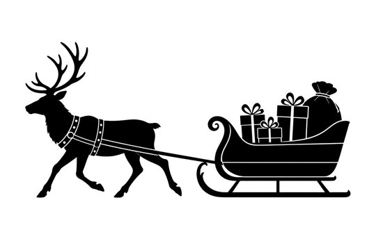 Black silhouette of reindeer pulling a Christmas sleigh isolated on white background, illustration