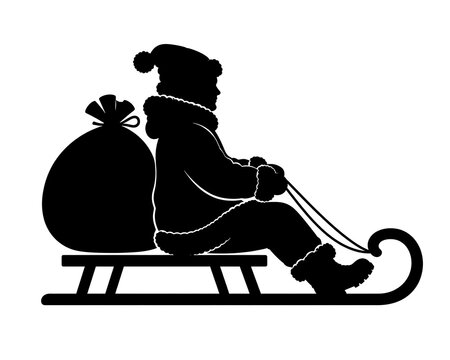 Black silhouette of child riding a sled with a gift bag isolated on white background, illustration