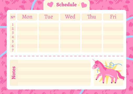 Weekly planner with magical unicorn and notes section for children. Fantasy printable school organizer. Stock vector illustration in cartoon flat style.