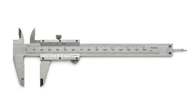 Dynamic Precision Digital Vernier Caliper with 150mm Measurement Scale in Metallic Silver with high quality professional line art symbols for modern creative design and digital branding projects