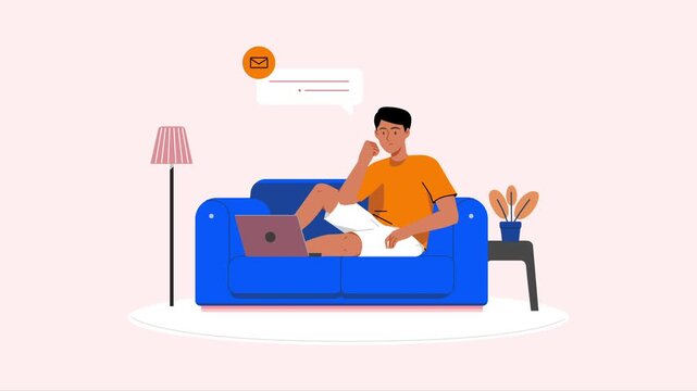 Man sitting on blue couch working on laptop receiving email notification in this animated motion digital character design graphic video
