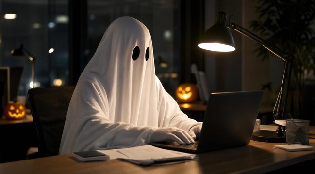 Ghost working late on laptop with pumpkins