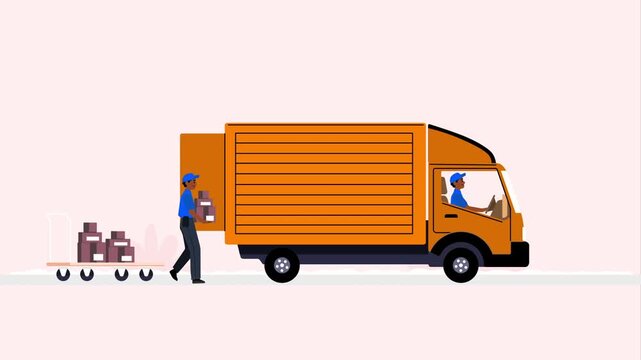 Delivery truck worker loading cardboard boxes into orange transport vehicle animation for logistics industry concept using bright flat vector design