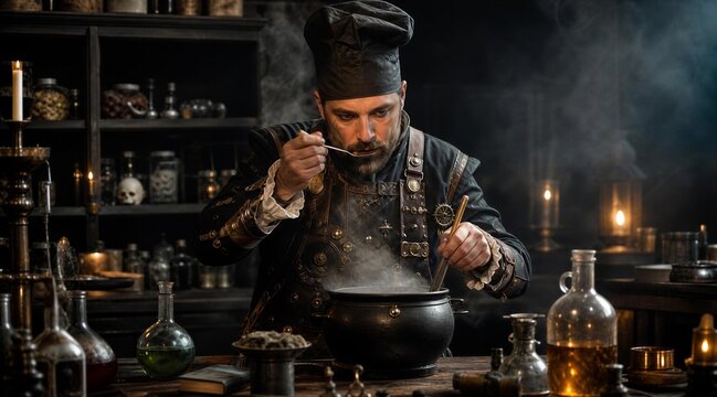 Steampunk alchemist brews potion in laboratory