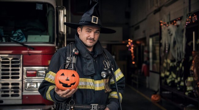 Firefighter in witch hat with pumpkin bucket