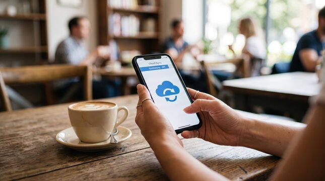 Person holding smartphone displaying cloud synchronization icon on screen while sitting at wooden table in busy cafe with latte art coffee cup, representing mobile technology