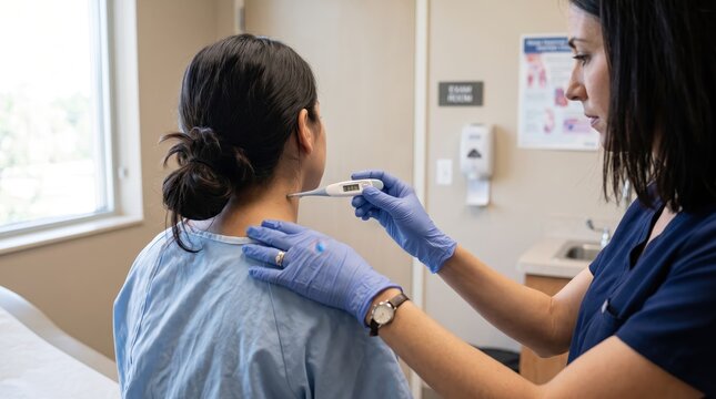 Professional nurse checking patient temperature with digital thermometer in medical clinic examination room, healthcare and wellness, doctor wearing blue gloves and scrubs