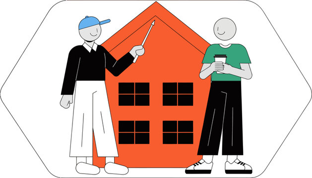 Two people standing in front of a house