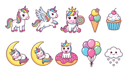 Fototapeta premium Cute Cartoon Unicorn Icon Set with Rainbow Mane Pegacorn Sleeping on Moon Sweets Ice Cream Cupcake and Balloons Vector Illustration