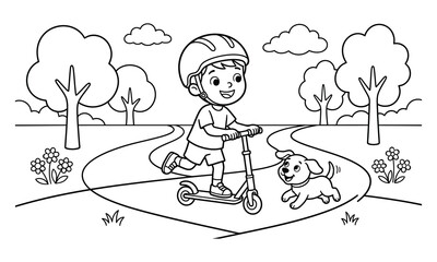 Fototapeta premium Boy riding scooter coloring page with friendly dog and park path. Cute black and white outline illustration for kids coloring book, activity sheet and printable worksheet.