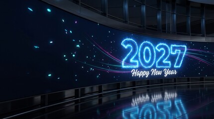 Fototapeta premium 2027 happy new year neon glowing sign on a large curved digital screen in a modern architectural interior