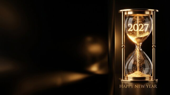 Golden hourglass with glowing 2027 year inside, sand falling, luxury new year celebration concept, dark background